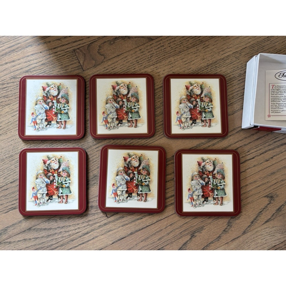 VTG 80s Pimpernel Father Christmas Santa Coasters Set Of 6 Cork Backed‎ England